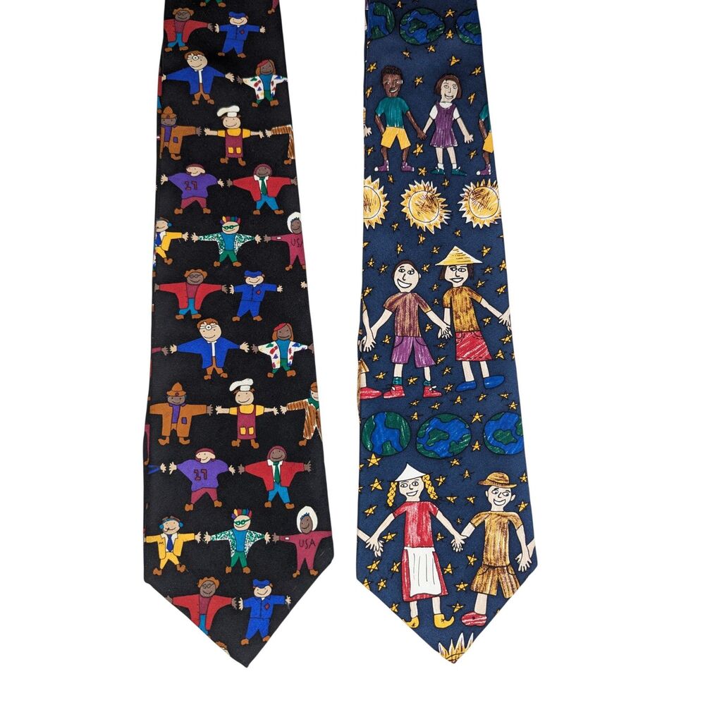 Vtg Save the Children Silk Ties Lot of 2 Teacher Art USA Planet Stars People
